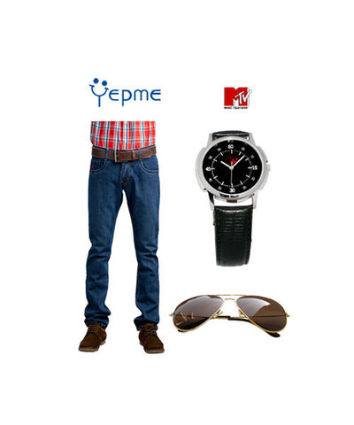 Yepme Grey Regular Jeans + MTV Brown Sunglasses + MTV Watch at 80% Discount