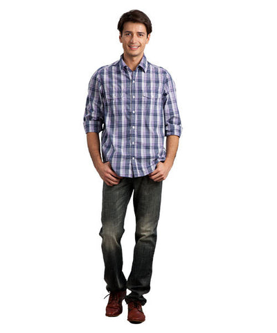 Yepme Purple Check Shirt with Black Jeans & Tan Brown Shoes