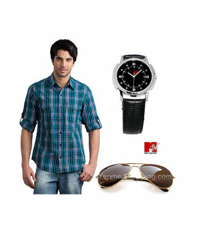 Buy Blue Check Shirt, MTV Sunglasses and MTV Watch Combo!