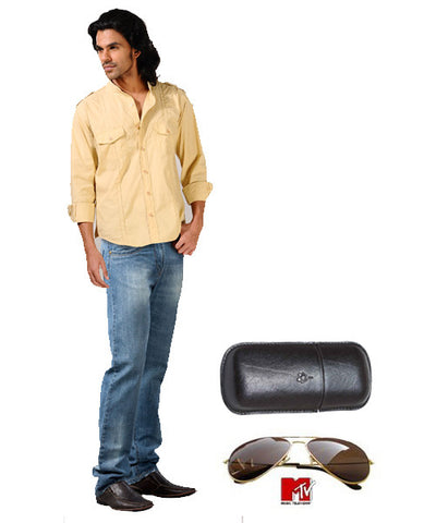 MTV Sunglasses, Sunglasses Cover, Khaki Turtle Neck Shirt and Blue Jeans Combo!