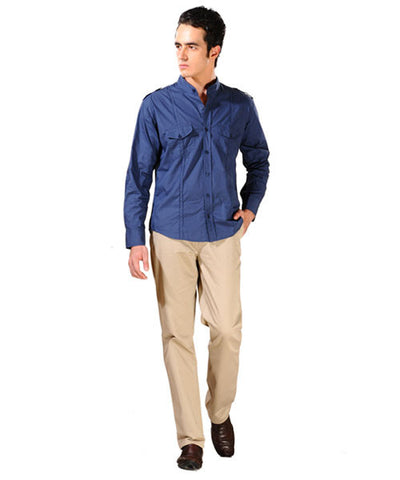 Yepme Blue Turtle Neck Shirt, Khaki Trouser & Brown Slip On Shoes