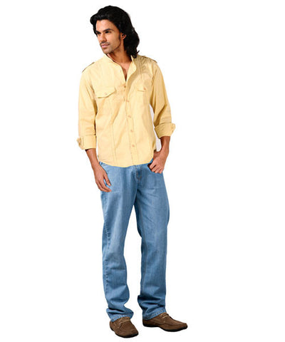Yepme Khaki Turtle Neck Shirt, Light Blue Jeans & Suede Shoes