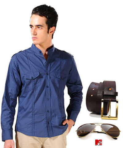 Navy Turtle Neck Shirt, Mtv Sunglasses and Brown Belt Combo!