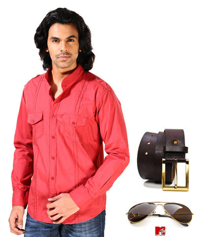 Red Turtle Neck Shirt, Mtv Sunglasses and Brown Belt Combo!
