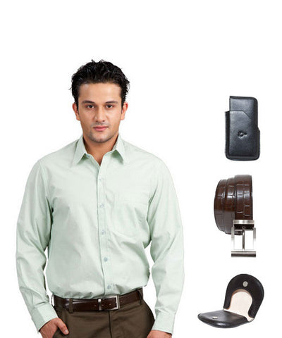Pista Green Formal Shirt, Card holder, Coin Holder and Brown Leather Belt Combo!