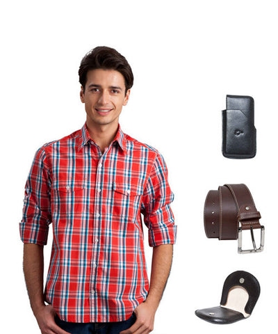Red & Orange Check Shirt, Card holder, Coin Holder and Big Brown Leather Belt Combo!