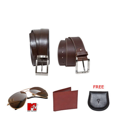 Brown Leather Belt, Formal Leather Belt, Wallet, MTV Sunglasses and Free Coin Holder Combo!